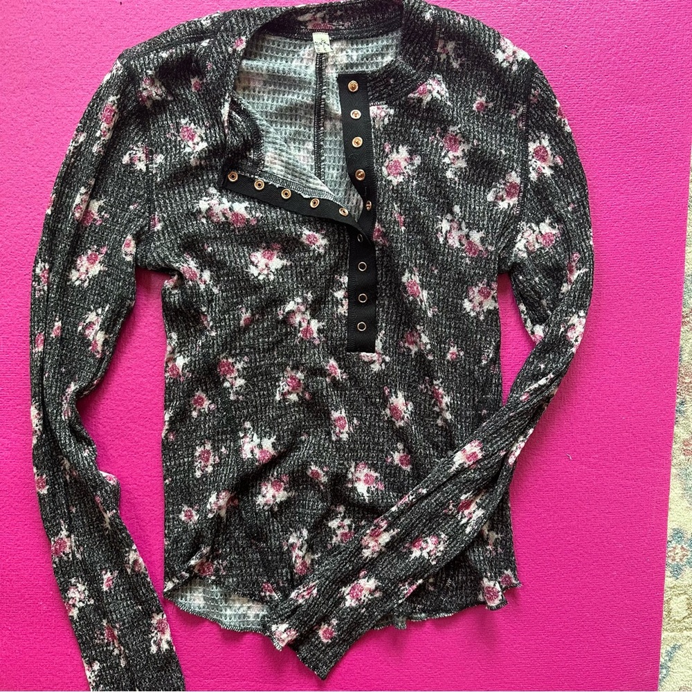 Free People Floral Henley Long Sleeve Shirt